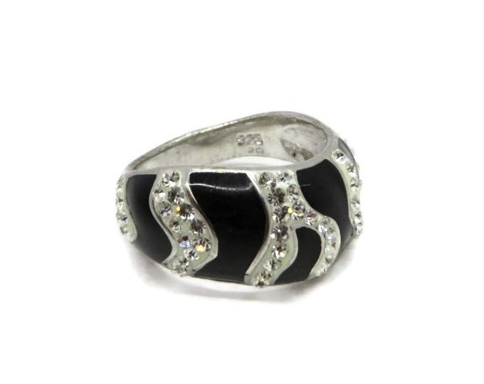 Sterling 925 Zebra Stripe Ring, Vintage Black Enamel, CZ Ring, Size 8