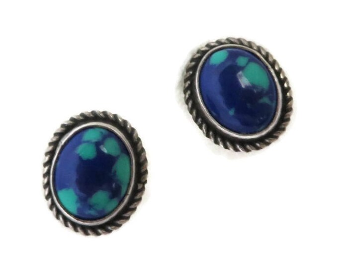 Sterling Silver Earrings, Azurite Pierced Earrings, Native American Sterling Silver Studs, Vintage Braided Pierced Earrings, Gift for Her Sterling Silver Earrings, Azurite Pierced Earrings, Native American Sterling Silver Studs, Vintage Braided Pierced Earrings, Gift for Her