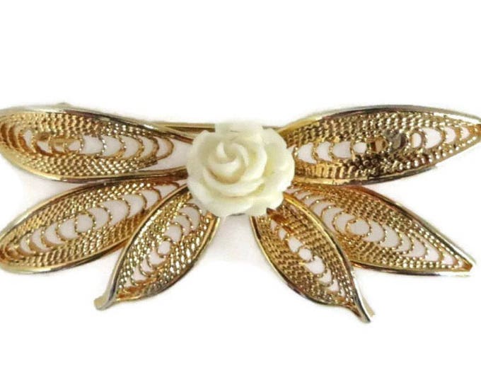 Rose Brooch, Vintage Jewelry, Gold Tone Celluloid Rose Pin, Mid Century Jewelry, Signed Hobe Pin, Gift for Her