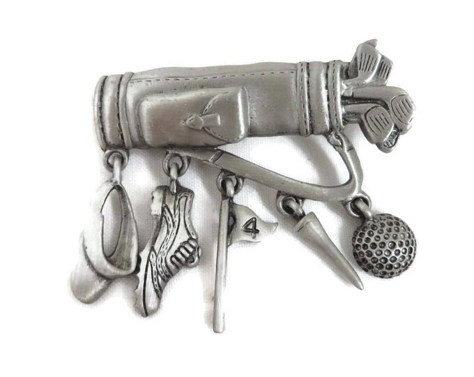 Golf Bag Brooch, Pewter Pin, Vintage Signed J Jonette Pin, Dangling Golf Accessories, Golfer Gift