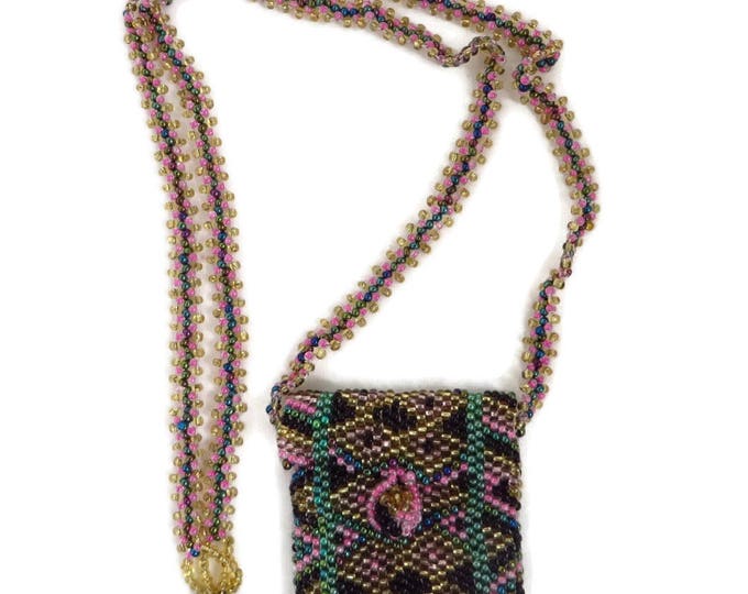 Beaded Mini Purse Necklace, Vintage Geometric Design Tiny Purse, Mini Handbag Pendant