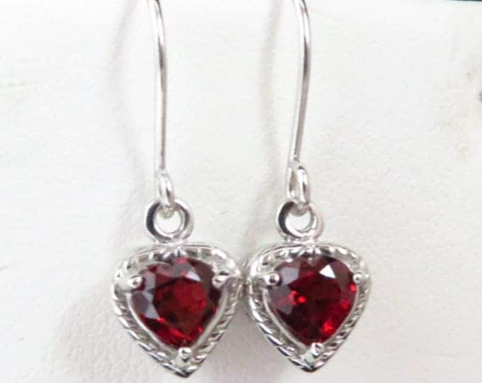 Vintage Garnet Heart Earrings, Sterling Silver Dangling Pierced Earrings, Bridal Jewelry, Valentine's Day Gift