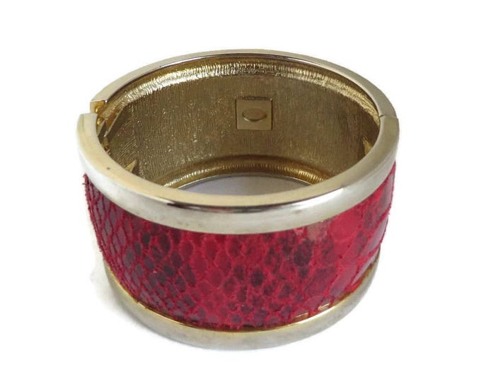 Vintage Clamper Bracelet - Faux Snakeskin Bracelet, Chunky Red Bracelet, Wide Cuff Clamper Bangle