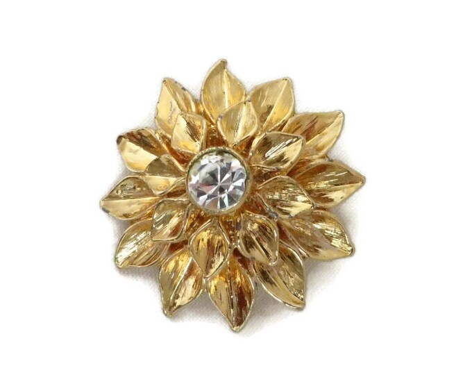 Gold Tone Flower Brooch, Vintage Rhinestone Center Floral Pin, Perfect Gift, Gift Box