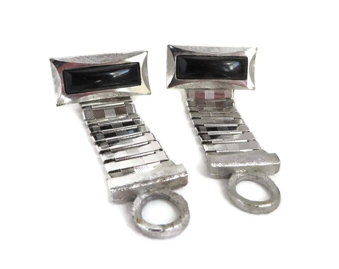 French Onyx Cufflinks, Vintage Wraparound Cuff Links, Mid Century Silver Tone Suit Accessory, Men's Gift