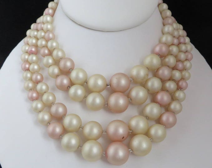 Japan Multistrand Faux Pearl Necklace, Vintage Pink and Cream Four Strand Necklace