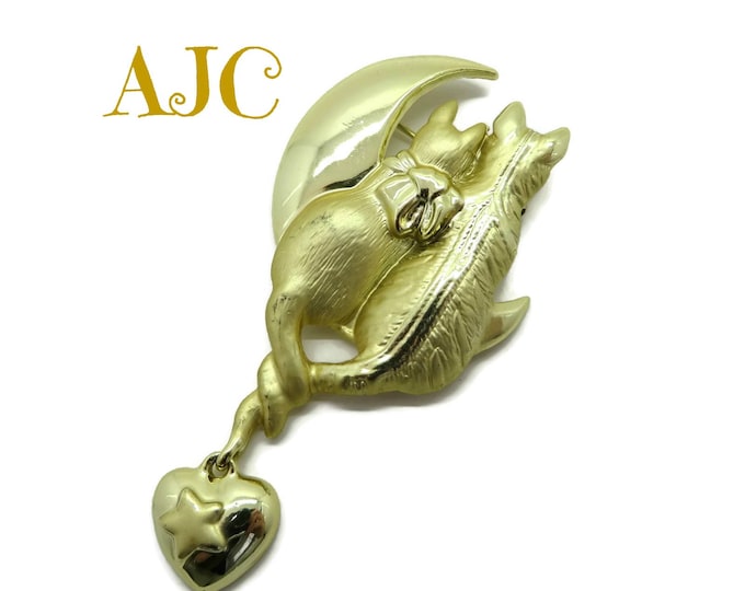 Vintage Brooch, Cats Brooch, Signed AJC Gold Tone Lovebird Cats on Half Moon Pin