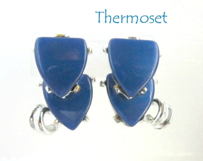Blue Heart Earrings, Vintage Thermoset Earrings, Double Heart Clip-on Earrings, Silvertone Earrings, Gift for Her, Gift Box