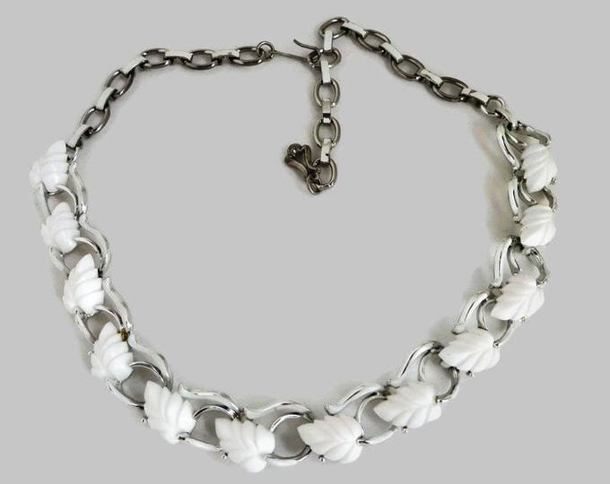 White Leaf Necklace, Vintage Signed Star Silver Tone Choker, Gift for Her, Gift Box