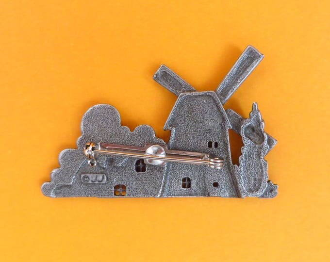 Vintage Pewter Brooch, J Jonette (JJ) Windmill Brooch, Enameled Dutch Windmill Pin, Gift Idea, Gift Box, FREE SHIPPING