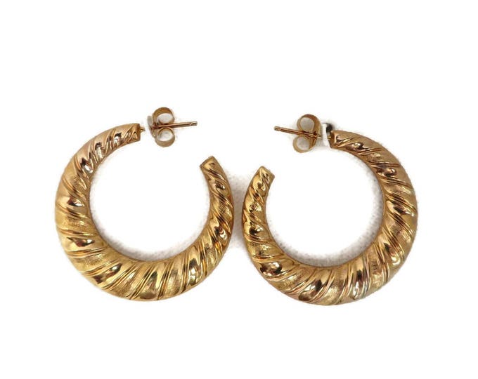 Vintage 14K Gold Hoop Earrings - Ridged Gold Pierced Stud Earrings, New Old Stock Gold Jewelry