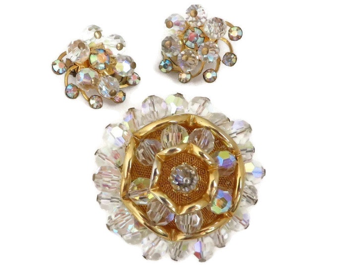 Vintage Crystal Brooch & Earrings Set, Gold Tone Rhinestone Demi Parure