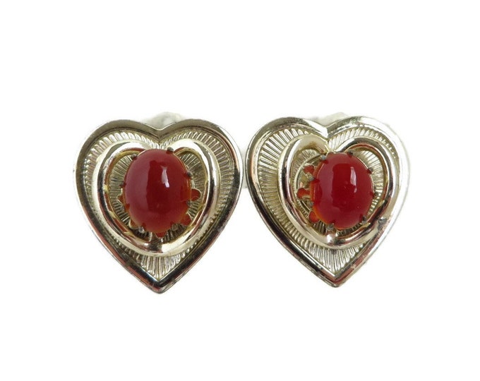 Heart Earrings, Vintage Heart Shaped Earrings, Carnelian Red Gold Tone Signed Coro Clip-on Earrings