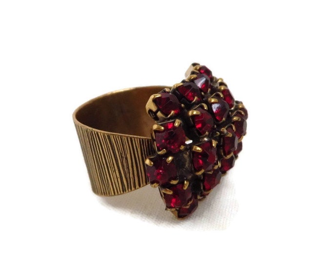 Rhinestone Ring, Vintage Ruby Rhinestone Ring, Gold Tone Wide Band Multi Stone Cocktail Ring, Adjustable Ring