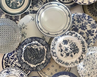 Blue White Dinner Plates Mismatched - Stripe Floral Spatter Asian Indigo Sky Ocean Blue - Wedding Shower Country Cottage Farmhouse Decor