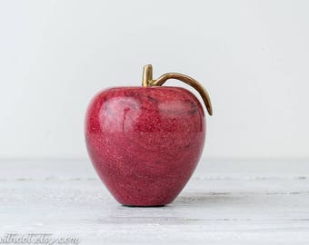 Vintage Marble Apple With Brass Stem - Marble Paperweight - Apple Decor - Red Marble Apple