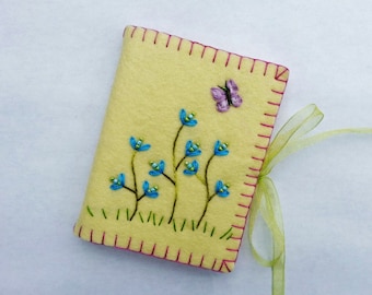 Wool Felt Needle Book, Embroidered Needle Case, Wool Needle Holder, Yellow Needle Book, Needle Book with Blue Flowers