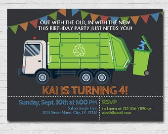 Garbage Truck Invitation Garbage Truck Birthday Party Recycle Truck Invite Boy Trash Bash Recycling Party Garbage Day Thank You Card Modern