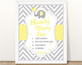Printable Elephant Baby Shower Bloody Mary Bar Sign,Elephant Drinks Table Sign, Elephant Grey Yellow Bloody Mary Bar Sign INSTANT DOWNLOAD