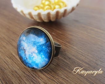 Bronze ring with deep blue galaxy lens 20 mm