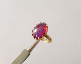 Ring adjustable size #50 retro ~ dragon's breath Opal Mexican antique vintage glass cabochon