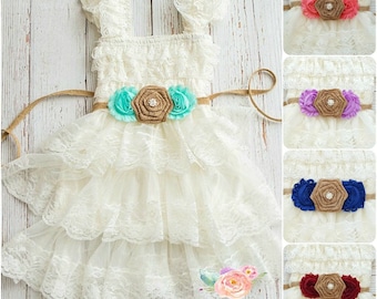 lace flower girl dress-rustic flower girl dress- lace girls dress- lace baby dress- Burlap wedding dress- country flower girl- girls dress