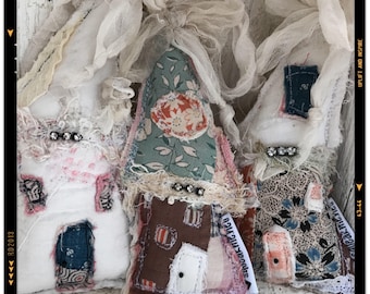 Original Fiber Art - upcycled antique quilt house