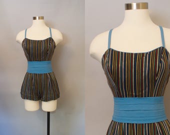 1950s Catalina Metallic Pinup Swimsuit / 1950s Striped Swimsuit / Bombshell Bathing Suit
