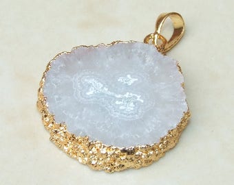 Solar Quartz Pendant - Druzy Pendant - Flower Stalactite - Gold Plated Edge and Bail - 31 mm x 32 mm - 4252