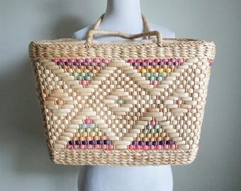 Vintage Basket Bag Woven Bag Market Bag Tote Bag Basket Pastel Carryall Beach Shoulder Bag Straw Bag