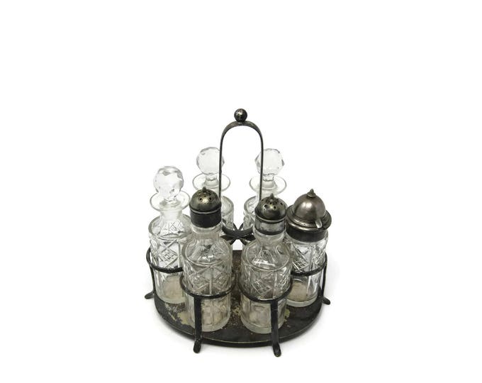 Antique English Victorian Silver and Hand Cut Crystal Cruet Set - Exquisite English Georgian Six Piece Silver And Hand Cut Crystal Cruet Set