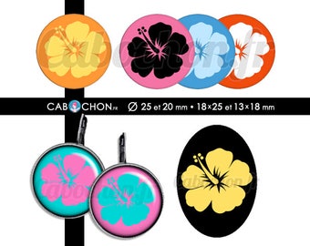 Fleurs Hawaïennes • 60 Images RONDES 25 et 20 OVALES 18x25 et 13x18 fleur fleurs Hawaï hawaii surf vacances hibiscus couleurs fluo