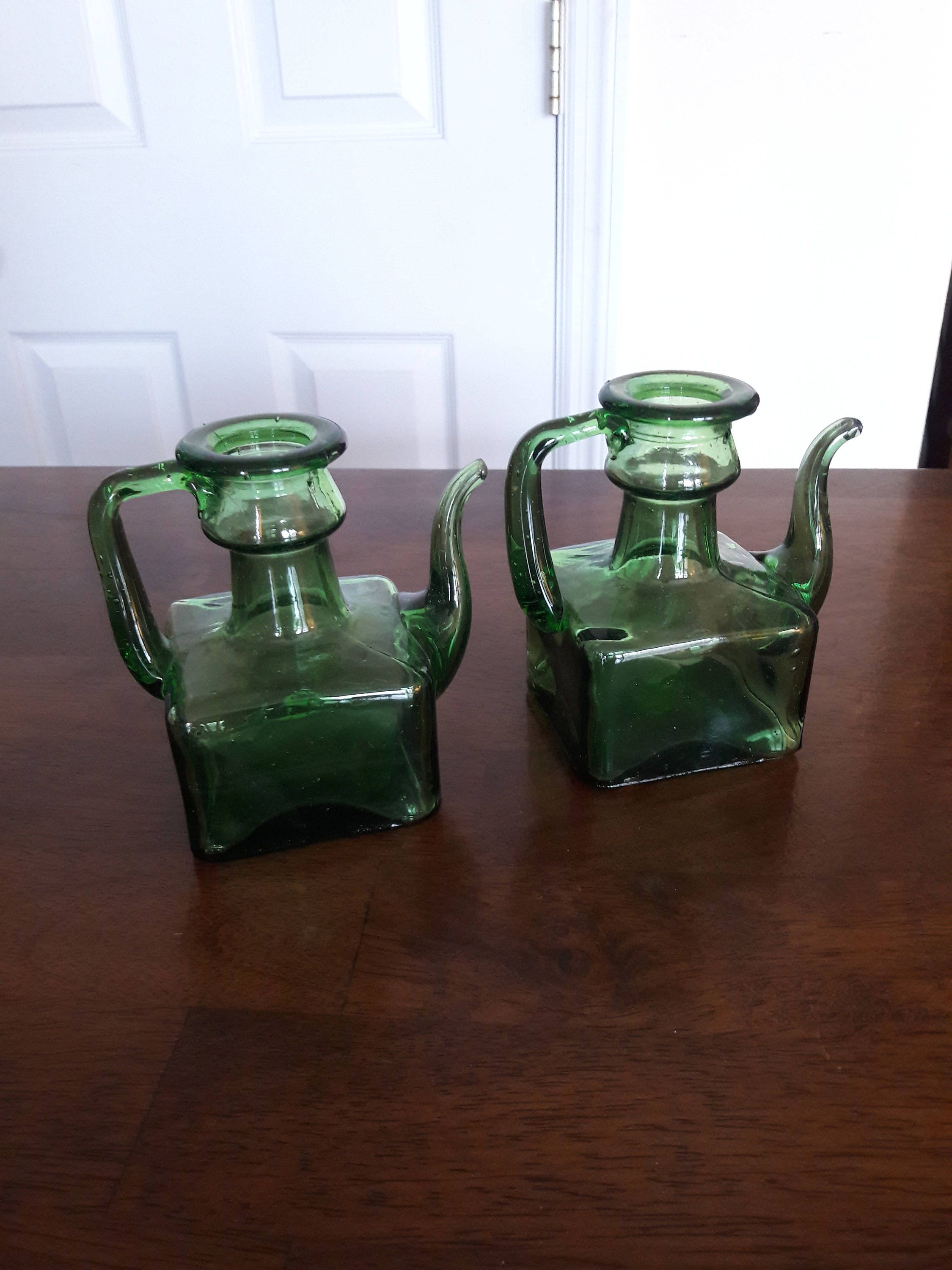 Antique / Vintage Green Depression Oil & Vinegar Cruet Set