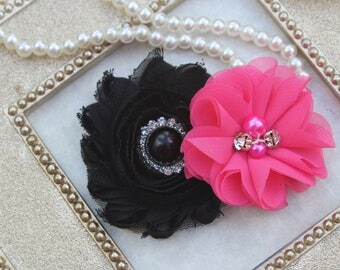 Bright pink hair clips, pink and black hair clips, toddler girls hair bows, toddler hair accessories, hot pink flower hair bows