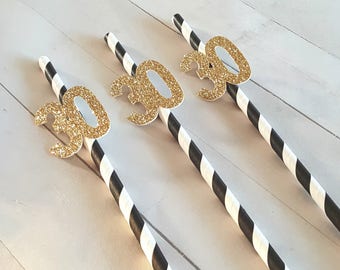 30th Birthday Decorations, 30th Anniversary Decorations, Thirty and Flirty, 30 Straws, Black and Gold 30th Birthday, Black and Gold Straws