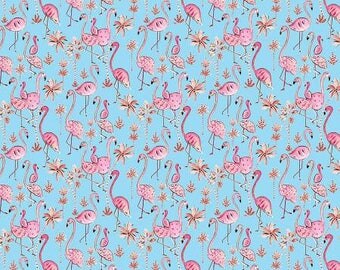 Haute Zahara, Spring Flamingoes Blue Cotton fabric by Dena Designs