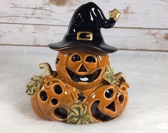Vintage Halloween Jack O Lantern Pumpkin Candle Holder Witch Hat Ceramic