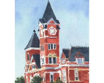 Samford Hall in Auburn sign watercolor art print - Digital Download Only- 5 by 7- Auburn, Alabama- Instant Download-