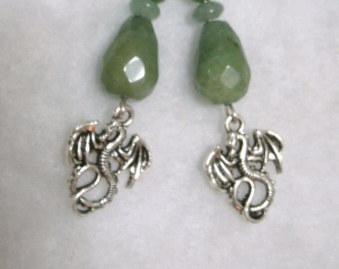 Dragon Earrings, stone beads and silver dragon charm earrings, faceted stone teardrops in Green Jade, also Aventurine and Emerald beads