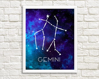 Gemini Constellation, Art Print, Watercolor, Blue, Aqua, Aquamarine, Night Sky, Space, Stars, Horoscope, Digital File, Instant Download