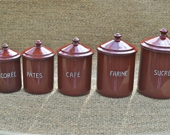 Set of 5 antique French enamel kitchen jars pantry canisters