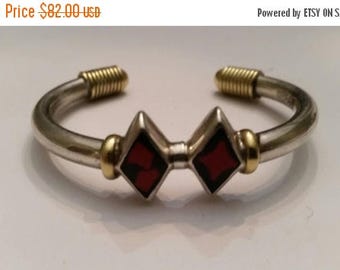 SALE Vintage Taxco Bracelet Sterling Silver Cuff Mexico Brass/Gold Wire Black Red Inlay 27 grams