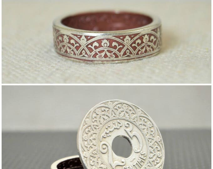 Moroccan Coin Ring, Burgundy Coin Ring, Stained Glass Ring, Burgundy Ring, Coin Art, Morocco, Silver Coin Ring, Moroccan Art, Boho Ring