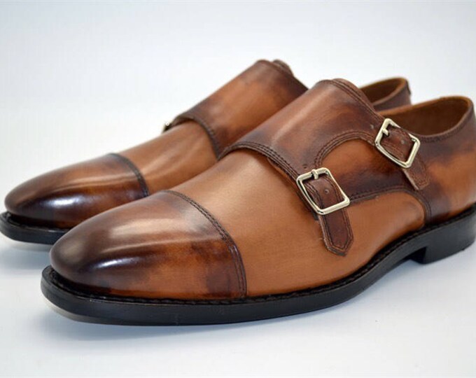 Handmade Goodyear Welted Men's Monk-Strap Dress Shoes,Vintage Pattern