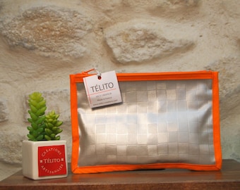 Silver and orange Plaid oilcloth pouch