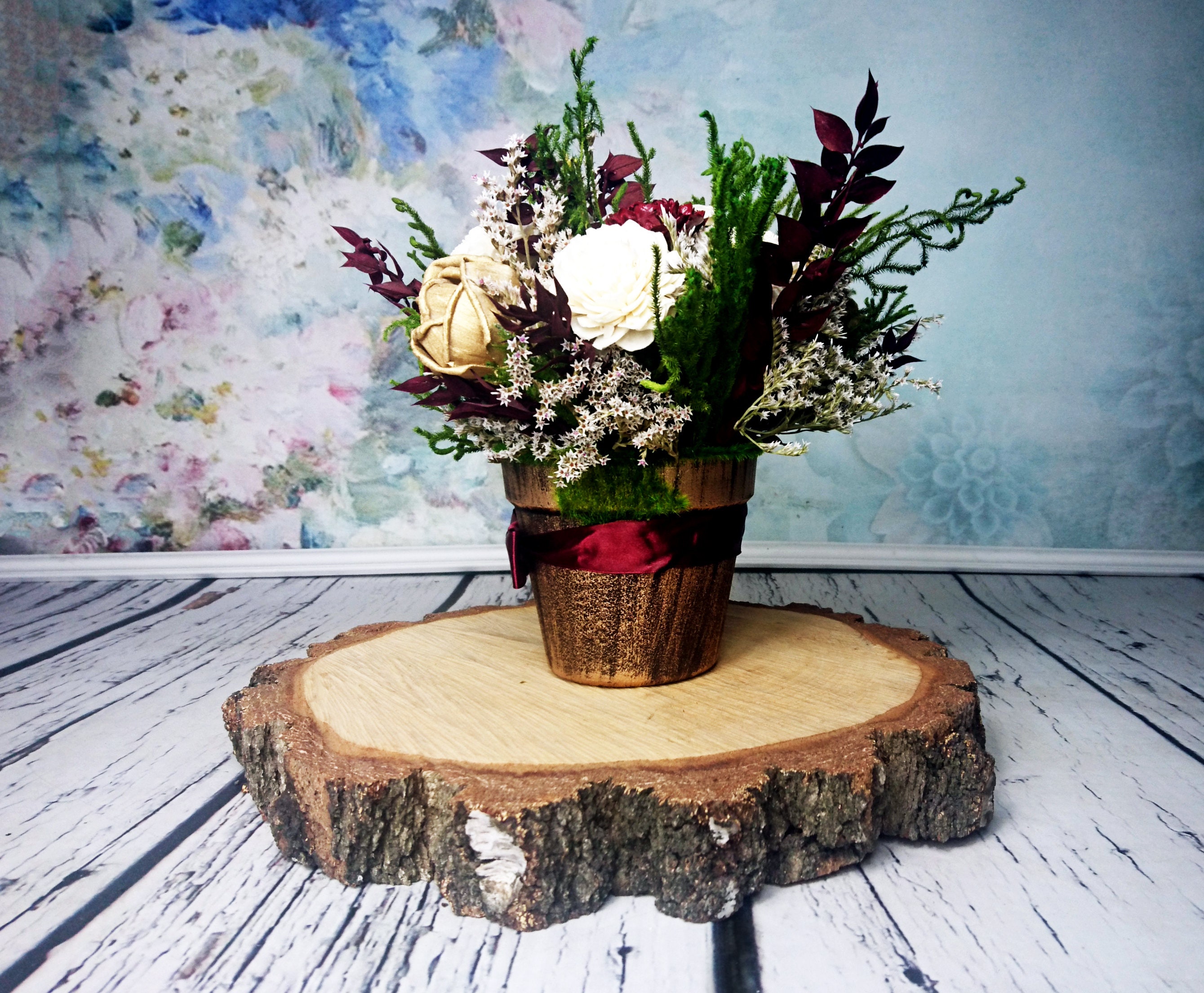 Rustic Gold Centerpiece : Burgundy green and gold rustic wedding centerpiece made