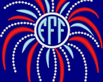 Fireworks circle monogram font frame 4th of July, firework embroidery designs, awesome patriotic kids outfit embroidery monogram font frame