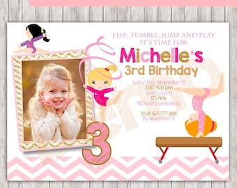 50% Off GYMNASTIC Gold and Pink Photo Invitation, Gymnastic Birthday Invitation, Gymnastic Invitation, Gymnastic Party, Gymnastic invite, Gy