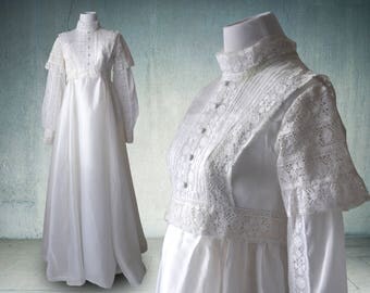 1970s Bohemian Wedding Dress Edwardian Style Long Sleeves