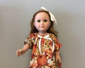 Doll American Made Girl 18 Inch Baby Doll Pumpkin Thanksgiving Holiday Fall Peasant Dress